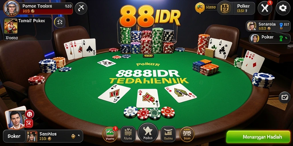 Screenshot antarmuka permainan Poker 888IDR dengan grafik memukau.