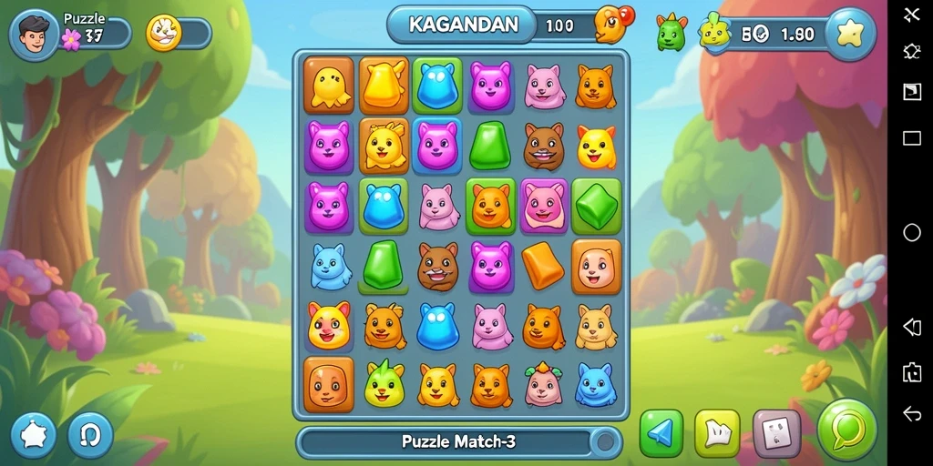 Screenshot KAGANDAN menampilkan antarmuka permainan Puzzle Match-3 yang menarik.