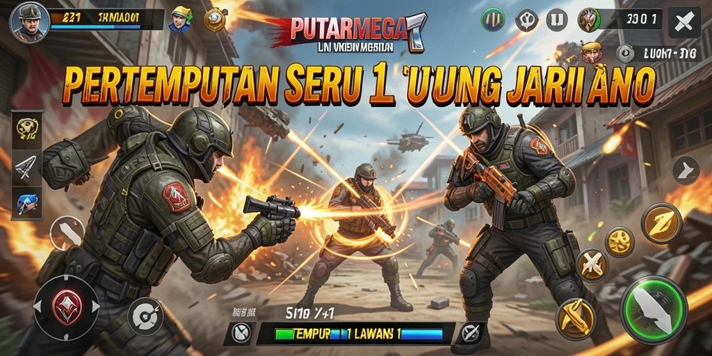 Antarmuka game Tempur 1 Lawan 1 PUTARMEGA yang dinamis dan menarik.