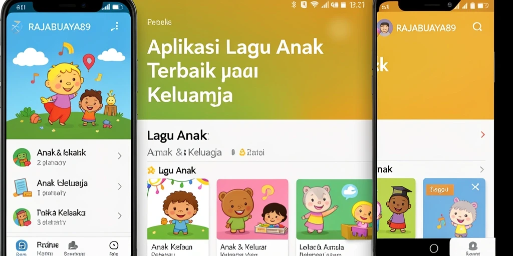 Antarmuka aplikasi RAJABUAYA89 dengan berbagai lagu anak.