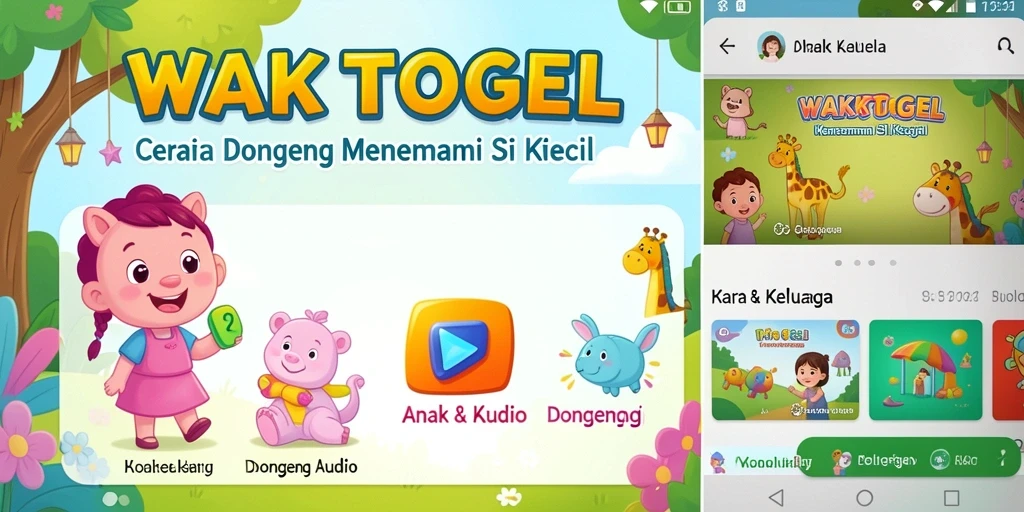 Antarmuka aplikasi WAKTOGEL dengan koleksi dongeng audio menarik.